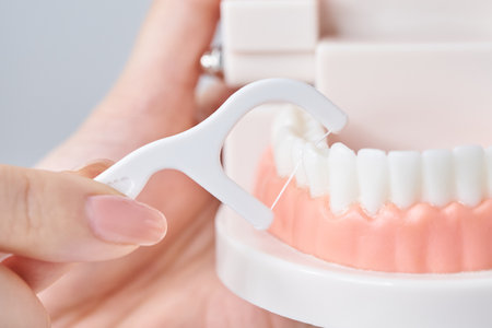 Polishing the tooth model with dental floss and white backgroundの写真素材