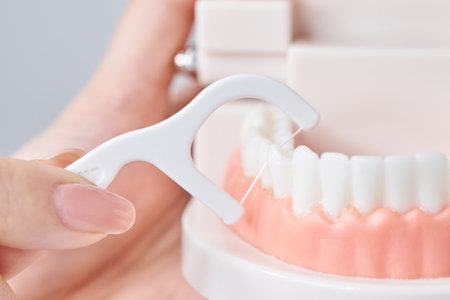 Polishing the tooth model with dental floss and white backgroundの写真素材