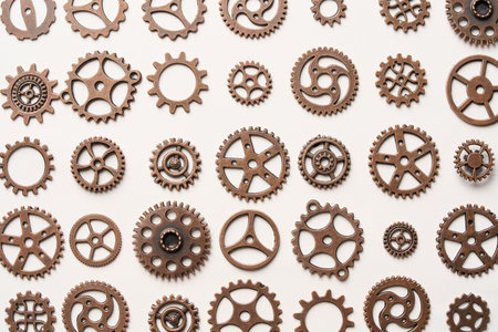 Many gears arranged on a table