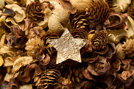 Star-shaped decoration amongst fallen leaves on the tableの写真素材