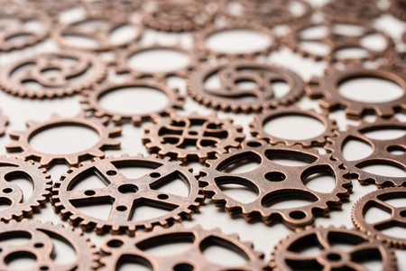 Many gears arranged on a tableの写真素材