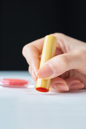 close up of hands stamping a white piece of paperの写真素材