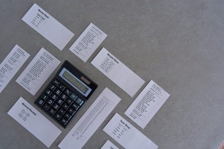 Black calculator placed among multiple scattered receipts on dark gray table showing household budget and expense management
