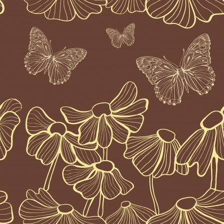 decorative yellow flowers and butterfly seamlessのイラスト素材