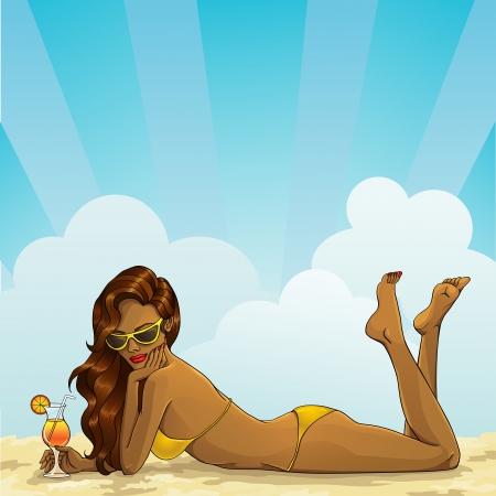 Tanned girl with  cocktail on the beach. Color, outline, background at the different layersのイラスト素材