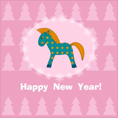 new year card with fir-trees and horseのイラスト素材