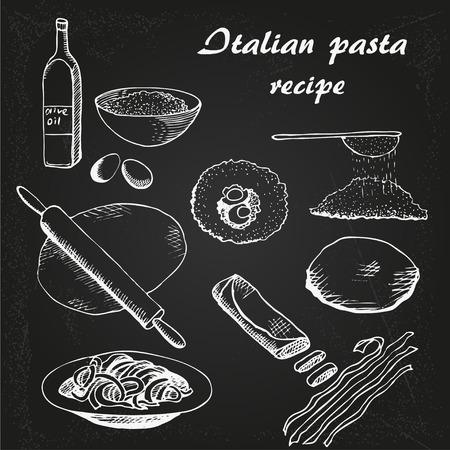 Italian Pasta  resipe vector sketch on chalkboard;のイラスト素材