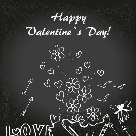 Valentin`s  Day card with flowers, cupids arrows and birds on chalk boardのイラスト素材