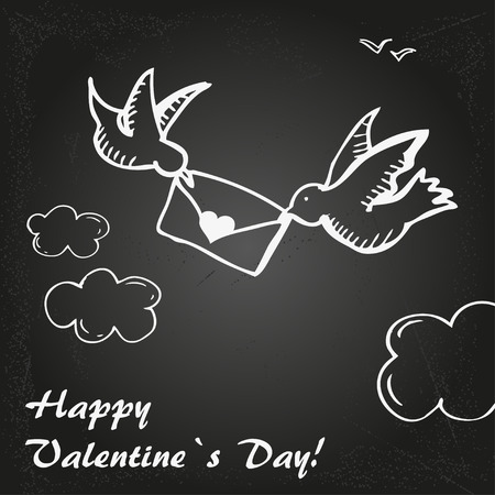 Valentine`s  Day card with letter and birds on chalk boardのイラスト素材