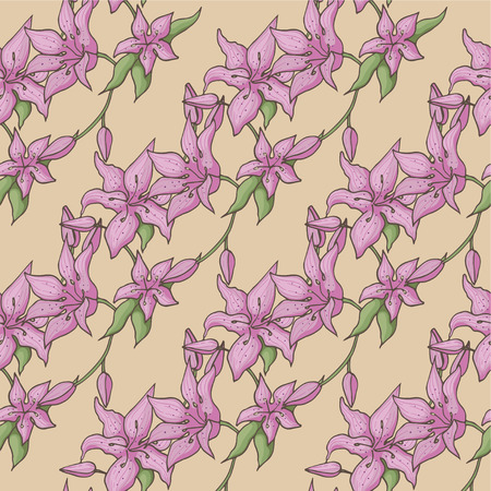 Pink lily isolated on a beige background. Card with blooming lily. Vector illustration patternのイラスト素材