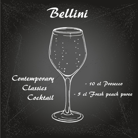 Bellini cocktail illustration. Alcoholic cocktails hand drawn vector illustration. Sketch style on chalk-boardのイラスト素材