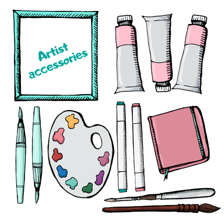 Highly detailed artists supplies icons set. Illustration handmadeのイラスト素材