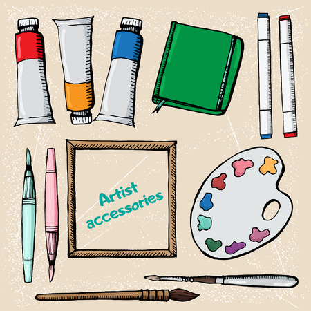 Highly detailed artists supplies icons set. Illustration handmadeのイラスト素材