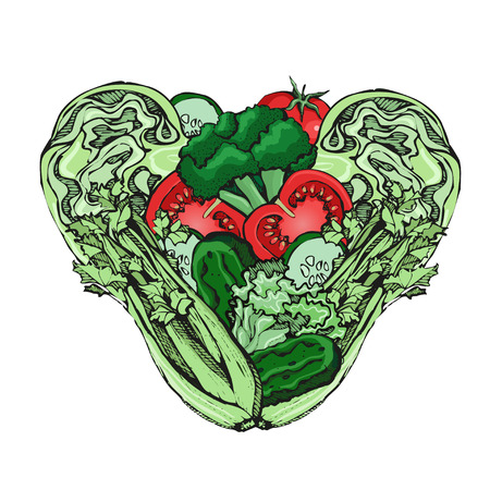 Illustration with vector vegetables in heart. Concept healthy food.のイラスト素材