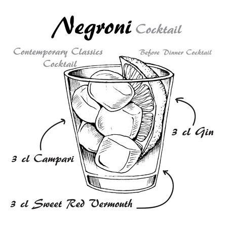 Negroni alcoholic cocktail, consisting of Gin, Campari, red vermouth, ice cubes, orangeのイラスト素材