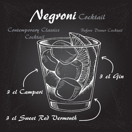 Negroni alcoholic cocktail, consisting of Gin, Campari, red vermouth, ice cubes, orange. On chalk-boardのイラスト素材