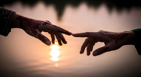 Henna Tattoo on the hands of a couple at sunset.の写真素材