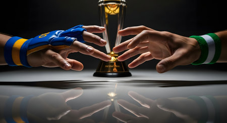 Hands reaching for a golden trophy cup on a table with reflectionの写真素材