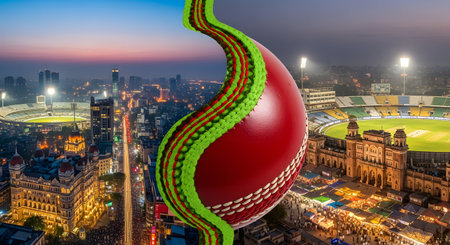 Aerial view of cricket ball on the background of London skyline.の写真素材