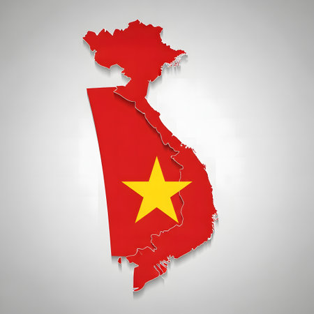 Map of Vietnam with Vietnamese flag on gray background. Vector illustration.の写真素材