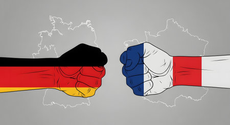 Flags of Germany and France on a clenched fist, conflict or conflict conceptの写真素材