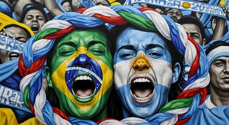 Close up of the face of a group of Brazilian football fans with flags.の写真素材