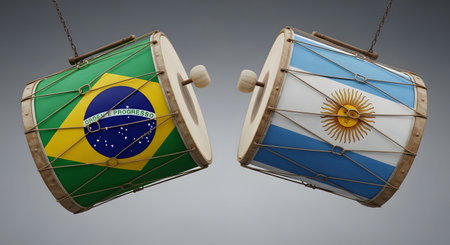 Two drums with flags of Brazil and Argentina on a gray background.の写真素材