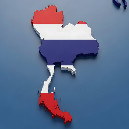 Map of Thailand with national flag on blue background. 3d renderの写真素材