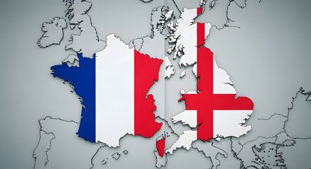 Map of France and England with national flags 3d-illustrationの写真素材