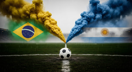 Soccer ball in smoke against football pitch with flags of Brazil and Argentinaの写真素材