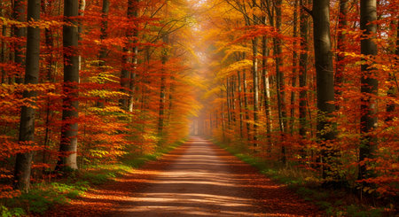 Autumn forest with sunbeams in the morning. Beautiful nature background