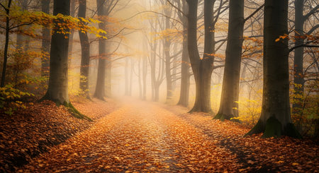 Autumn landscape with fog in the forest. Road in autumn forest