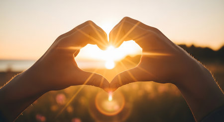 Hands in the form of a heart on the background of the setting sunの写真素材
