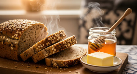 Bread with butter and honey in a glass jar on the table