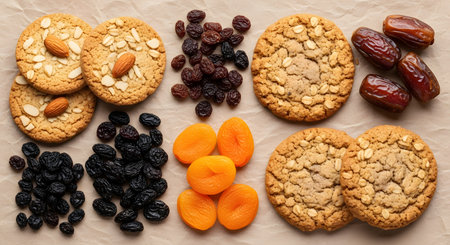 Oatmeal cookies with raisins, almonds and dried apricots on craft paper