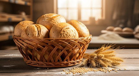 Basket with fresh bread and wheat ears on wooden table in bakery