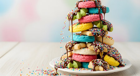 Multicolored macaroon cakes with sprinkles on wooden tableの写真素材
