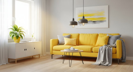 interior with yellow sofa, 3d render illustration mock-up