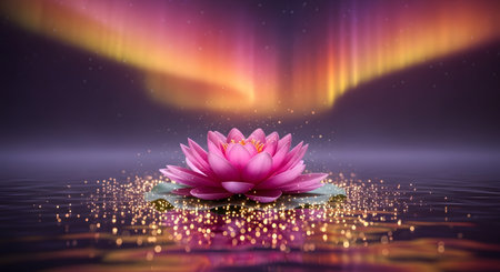 Pink lotus floating on the water with aurora borealis in the backgroundの素材