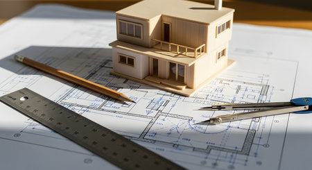 House model and architectural blueprints. Architectural project. Construction concept.の素材