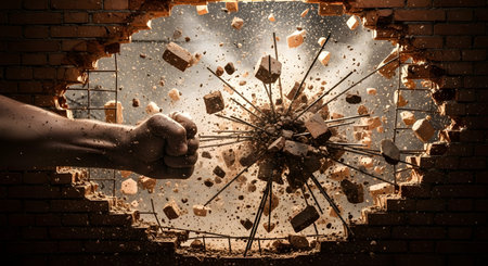 Close up of human hand breaking brick wall with fist. Mixed mediaの素材