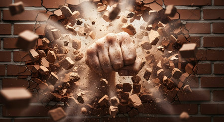 Close up of human hand breaking brick wall with fist. Mixed mediaの素材