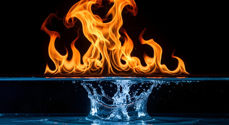 Flaming water on black background. Close-up of fire.の素材