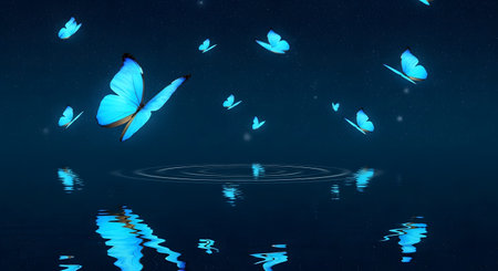 Butterflies flying in the night sky. 3D illustration.の素材