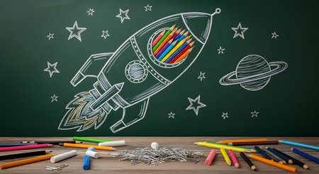Rocket drawing on a blackboard with pencils, stars and planetsの素材