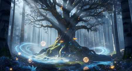 Fantasy landscape with magical old tree and lights. 3D renderingの素材
