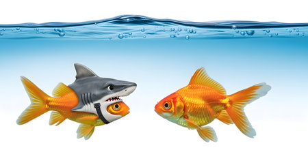 A surreal image shows a goldfish wearing a realistic shark costume, with its head and fins protruding. This disguised goldfish is facing another, normal goldfish. The scene is set against a clean white background with a blue water surface and bubbles at the top.の素材