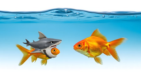 3D illustration of a goldfish and a shark swimming in the waterの素材