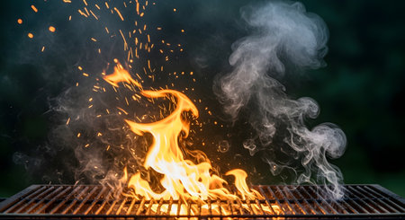 Intense flames erupt from a barbecue grill, casting a vibrant orange glow. Sparks fly upwards, and thick plumes of white smoke curl into the dark background. The metal grate of the grill is clearly visible, with the fire burning intensely beneath it, suggesting an outdoor cooking scene.の素材