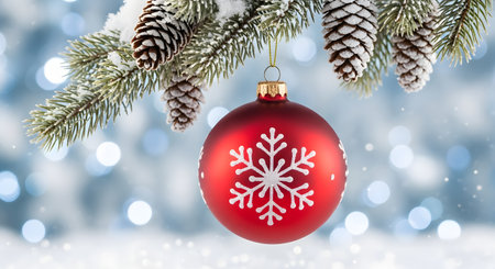Red Christmas bauble hanging on a pine branch with snowflake on bokeh backgroundの素材